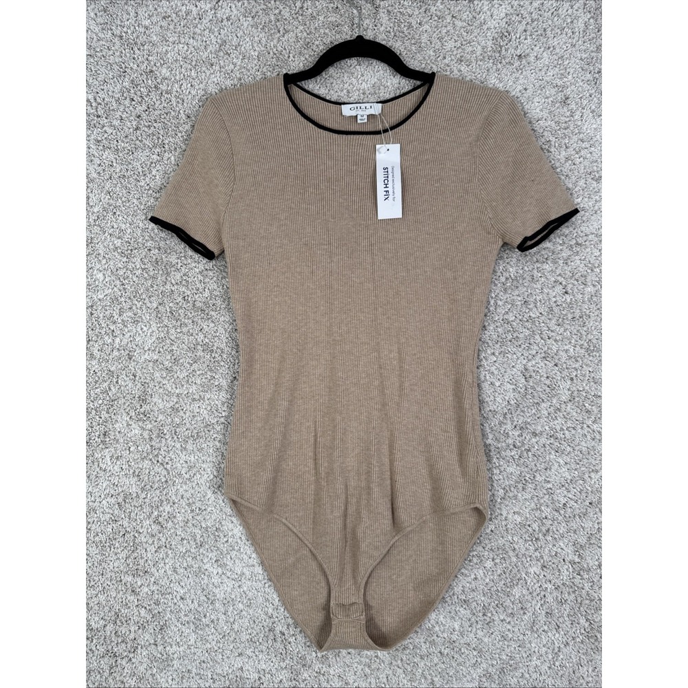 Gilli Bodysuit Womens M Beige Elspeth Two Tone Ribbed Knit High Leg One Piece